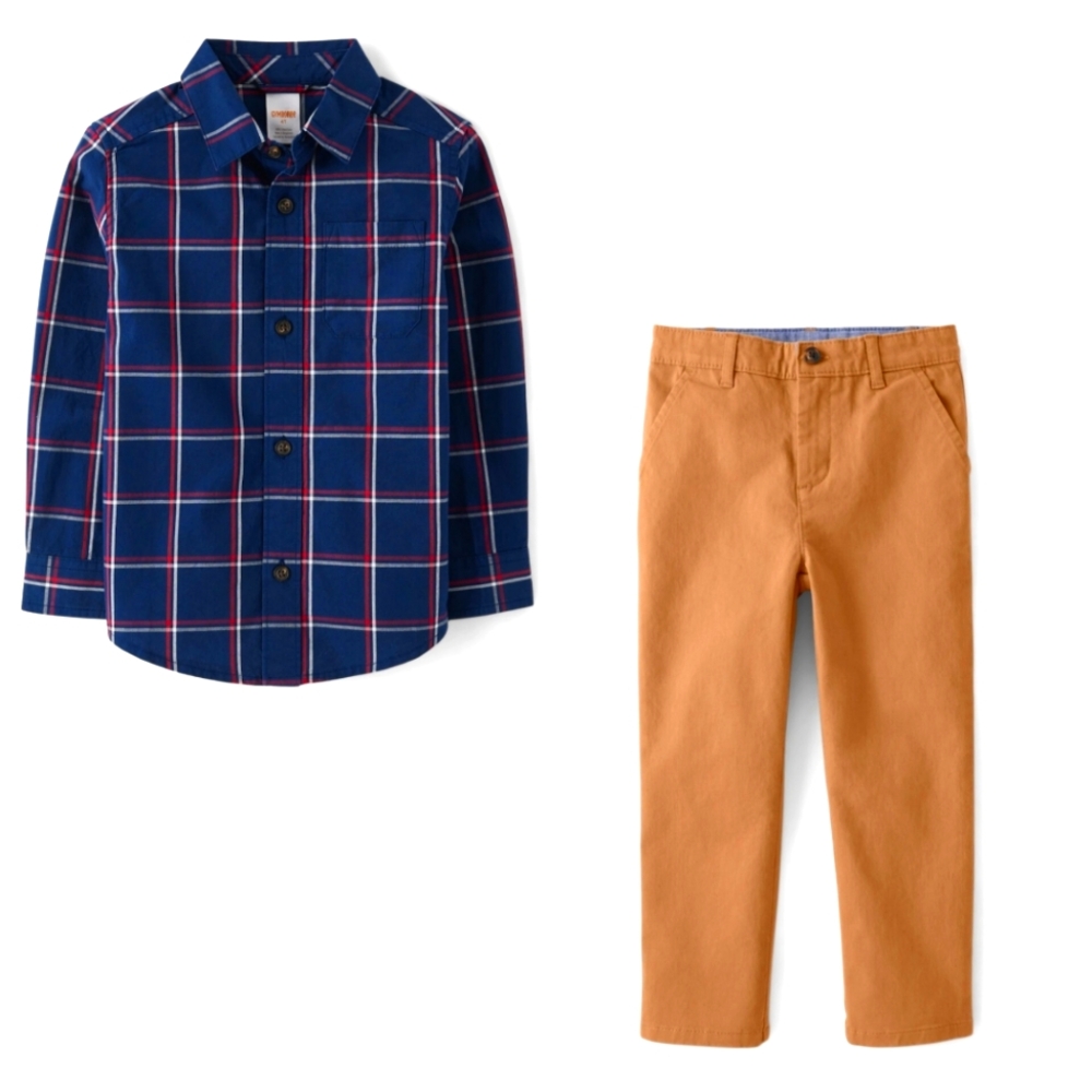 Boys Brown & Blue Gymboree Chino Pants & Plaid Poplin Button Up Shirt Set Size 8